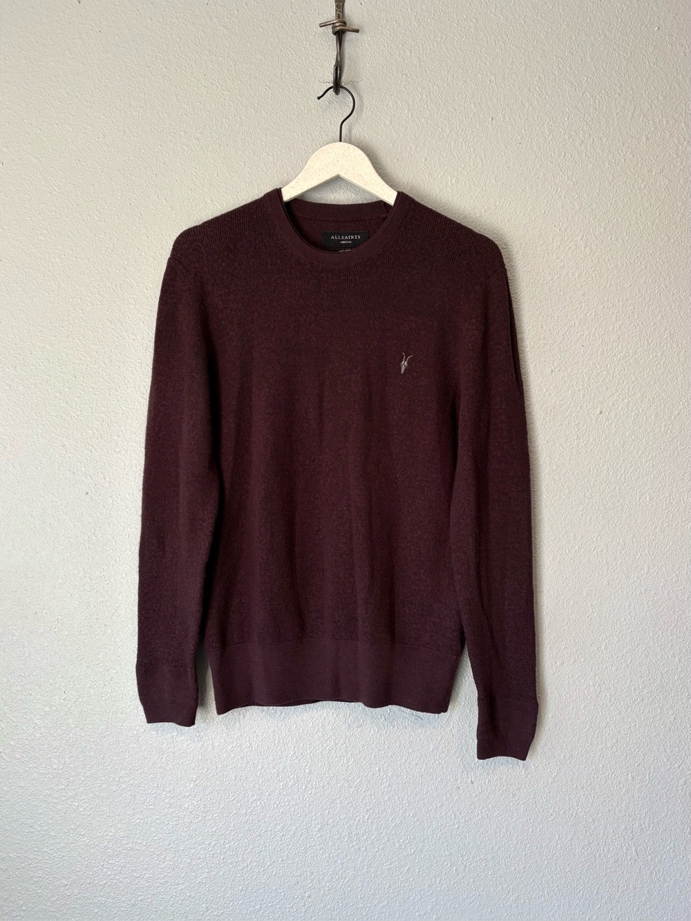 All Saints Ivar 100% Merino Wool Crewneck Sweater Plum Size medium